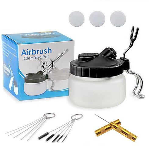 Airbrush Reinigungstopf mit Halter,Professionell Luftbürste Spritzpistole Reinigungsbehälter,Airbrush Komplett Reinigungsset,5 Reinigungsbürsten,5 Reinigungsnadeln,1 Reinigungsschaber