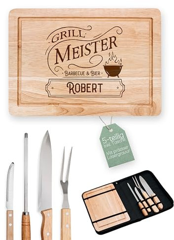 Abenteuernah Grillset mit Messer im Messerset, Grillen Geschenk, Grill Accessories, Grillbrett, Geschenke für Männer, Schneidebrett als Geschenk zu Vatertag und BBQ Season (Grillmeister Vintage)