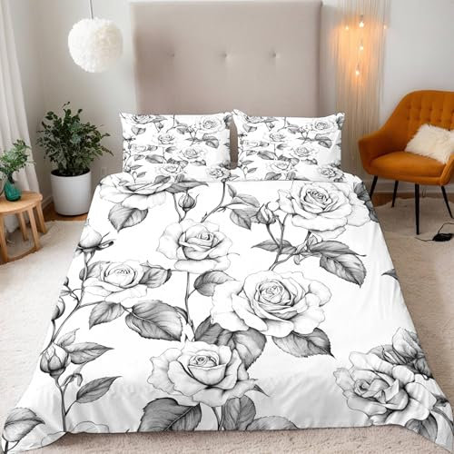 Schwarze Weiße Rose Bettwäsche 135X200Cm Kinder Junge Mädchen 3D Effekt Bettbezug Jugendliche Bettwäsche-Set Mikrofaser Bettbezug Mit Reißverschluss Und 2 Kissenbezug 80X80Cm