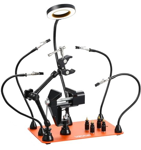 VEVOR Stazione Terza Mano per Saldatura Magnetica 4 Bracci Flessibili, Lampada d'Ingrandimento a LED 3X, 4 Supporti PCB Supporto per Pistola ad Aria Calda a 360°, Ausilio per Riparazioni Elettroniche