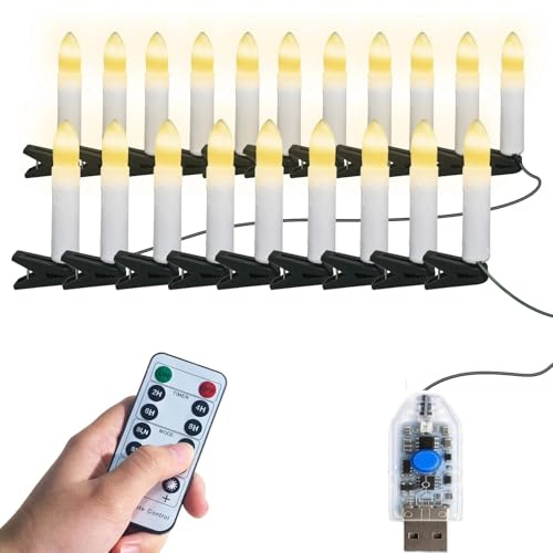 Gresonic Weihnachtsbaumkerze mit Clips, 20 LEDs, flammenlos, flackernd, warmweiß, 8 Modi, USB-betriebene Lichterkette mit Fernbedienung, Timer, dimmbar, für Zuhause, Party, Innen- und Außenbereich