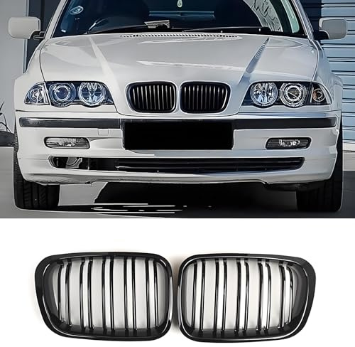 Haoyijiahui Nieren Schwarz Kühlergrill für BMW 3er E46 4 Door 1998-2001 PRE | Glanz Schwarz Grille Doppelsteg Sport ABS Gitter Frontgrill nur für 4-türige Fahrzeuge, 2-türig ungeeignet