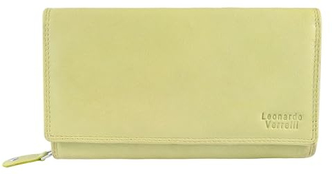 LEONARDO VERRELLI Geldbörse für Damen aus Leder in Grün, Geldbeutel mit Druckknopf in 9,8 x 17,5 x 3,8 cm