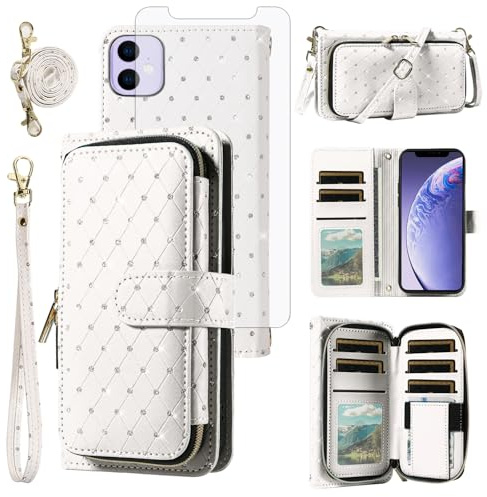 Asuwish Phone Cover for iPhone 11 6.1 Wallet Case Cell Zipper with Tempered Glass Screen Protector Crossbody Lanyard Strap Glitter Card Holder iphone11case iPhone11 i Phone11 11s XI 11R Women White