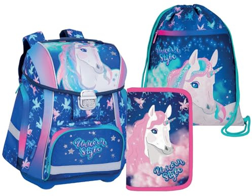 itenga Grundschul Ranzen Set - Schulranzen Set 3 teilig für Jungen und Mädchen mit Mäppchen Etui und Turnbeutel (Motiv Einhorn)