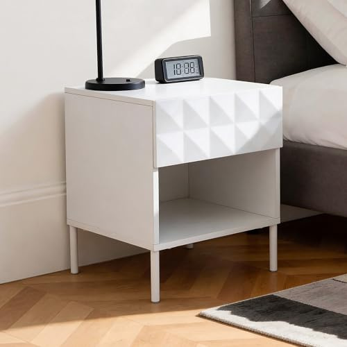 Hometopia Moderner Nachttisch Weiß mit Schublade, Diamantmuster, Ablagefach | Moderner Nachtschrank mit Metallbeine, 40 × 38,5 × 50 cm, praktischem Stauraum und offenem Fach fürs Schlafzimmer