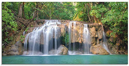 ARTland Wanddeko Glasbilder Wandbild Glas Bild einteilig 100x50 cm Querformat Natur Wald Dschungel Urwald Wasserfall Fluss Landschaft Thailand S6CI
