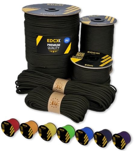 EdcX Paracord 4 mm, 35+ Volltonfarben (10 m, 15 m, 30 m, 50 m, 100 m, 300 m) | Ideal zum Basteln, Camping, Outdoor | 100% Nylonseil 4 mm| Taktische Schnur 550 Typ III (Army Green, 15 m)