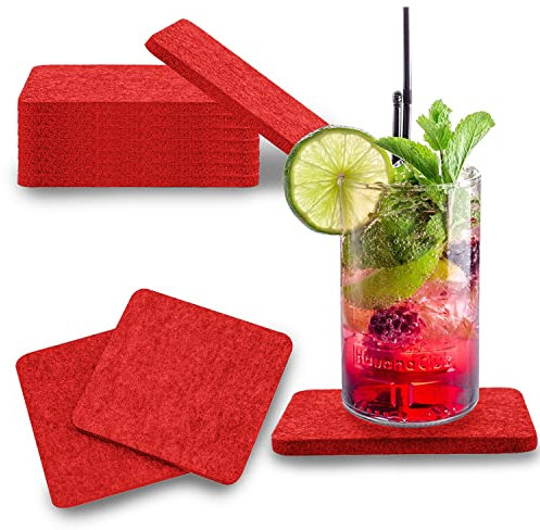 wortek Lot de 8 dessous de verre carrés en feutre pour verres - Diamètre : 10 cm - Lavables - Rouge