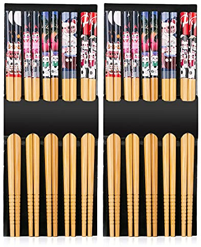 Hongyantech Juego de 10 pares de palillos de bambú, diseño de gato dulce, bambú natural, reutilizables, hechos a mano, multicolor, aptos para lavavajillas, palillos chinos naturales