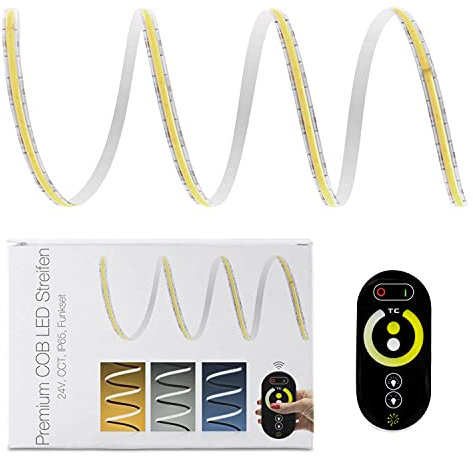 LED Universum COB LED Streifen Set CCT dualweiß mit Funkfernbedienung, Controller & Netzteil Band Strip Premium Filament 24V LED Streifen IP65 dualweiß (5 Meter)