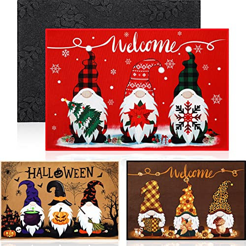 Geelin 3 Stück Weihnachten Halloween Thanksgiving Willkommen Fußmatten 40,6 x 61 cm Zwerg Boo Kürbis Schnee Weihnachtsbaum Fußmatte Grußfront Veranda Teppiche für drinnen und draußen Eingang Terrasse