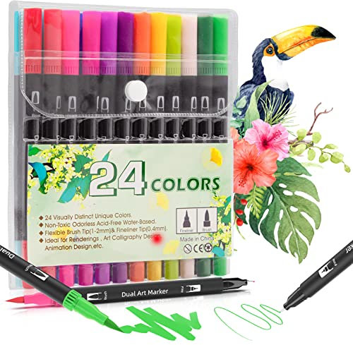 MELARQT Pinselstift-Set, 24 Farben, Dual-Tip-Pinselstifte, Aquarell mit 8 Malvorlagen der Ocean-Serie, Filzstifte, dicke und dünne Doppelfaserstifte für Kinder und Erwachsene, Mandala-Faserspitzenstif