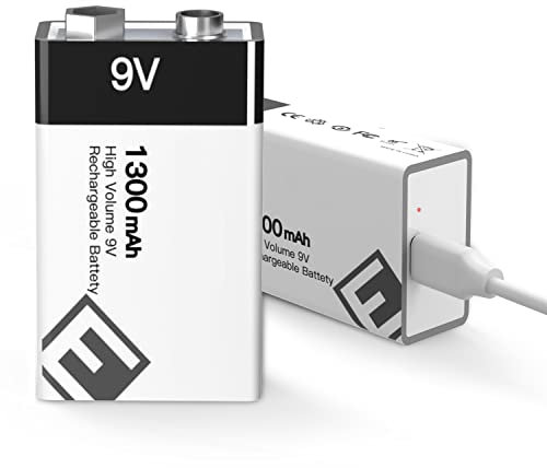 2 x 1300mAh USB Rechargeable 9 Volt battery lithium-ion (High Capacity Up to 1500+ Cycles)+Charging Cable for Smoke Detectors, Gas Stove, Flashlights, Guitar, Keyboard, Multimeter More