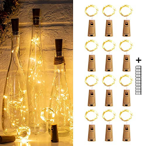 12 Piezas luz de Botella, 2M 20 LED Corcho Botella Luces, Micro Pilas Decorativas Cobre Luz, Botellas Vino Tapon Cadena Luces Decorativas para Romántico Boda Navidad Fiesta Hogar Jardín, Blanco Cálido