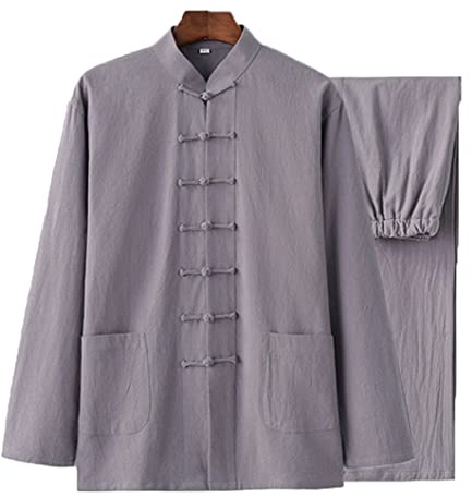 QPZK Baumwolle Leinen Tai Chi Uniform Kung Fu Anzug Chinesisch Traditionelle Kleidung Tang Anzug Herren Kampfkunst Jacke Atmungsaktiv Langarm Mantel Tops Zen Meditation Uniform, grau, 4XL/5XL