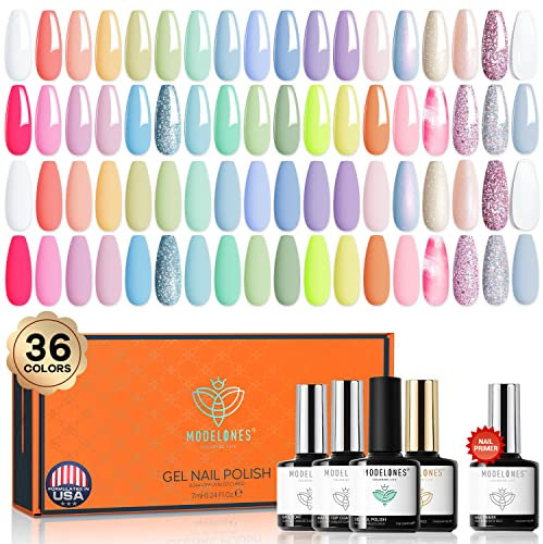 Modelones 40Pcs Gel Nail Polish Set 36 Colors Pastel Macaroon Glitter Gel Polish Set Spring Summer Bright Gel Nail Polish Manicure with 4Pcs Nail Primer Gel Base Matte Glossy Top Coat for Girls Women