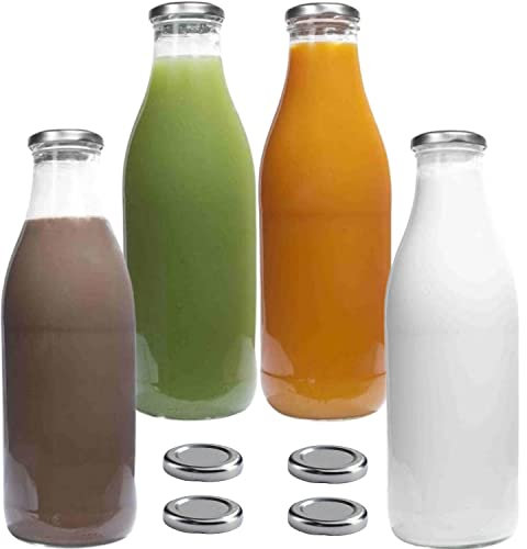 4 Glasflaschen 1000 ml mit 8 Deckeln silber inkl. Etiketten