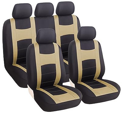 JNNJ 9 Stück Autositzbezüge Kompletter Satz, Klassisch Autositzbezüge Sitzschoner Auto Schonbezug Autositz, Sitzbezügesets Autositzbezüge Set Für 5 Sitzer(Beige)