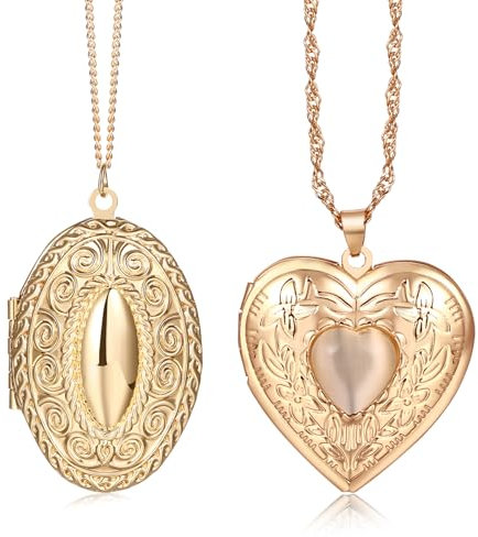 JewelryWe Foto Medaillon Halskette Damen: 2pcs Herz Oval Foto Medaillon zum Öffnen Photo Bilder befüllbar Amulett Anhänger mit 45cm Kette Gold Geschenk für Mutter Tochter Freundin