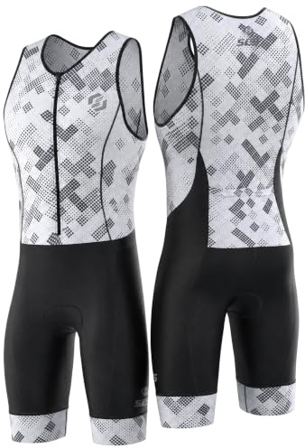 SLS3 Triathlon Suits Mens - Durable Sleeveless Tri Suit Men Triathlon Suit - Lightweight Trisuit with 2 Pockets for Storage (White Fractal, Medium)