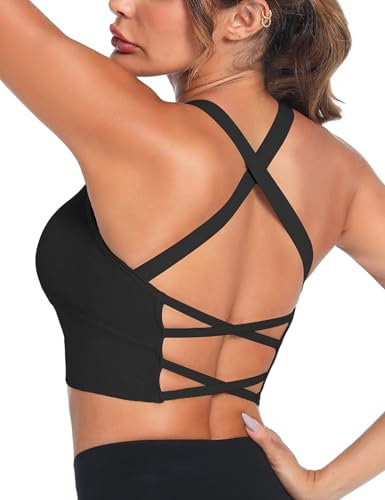 Crewhpo Sport BH Damen Ohne Bügel Gepolstert Bustier für Frauen Push up Sports Bra Cross Back Mit Polstern Nahtlose Sport-bhs für Yoga Fitness Pilates Gym S-XL