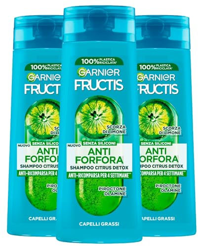 Garnier Fructis Anti-Schuppen Shampoo Citrus Detox für fettiges Haar, vegane Formel mit Zitronenschale, ohne Silikon, verhindert und beseitigt Schuppen – 3 Flaschen à 250 ml