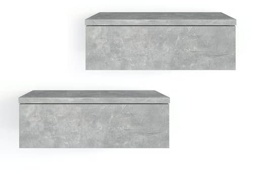 KOMTO Wandregal mit Schublade Beton - Nachttisch Hängend 2er Set Nachttisch Wandmontage Wandschublade Nachtschrank Hängend | Monaco 46 x 30 x 15 cm