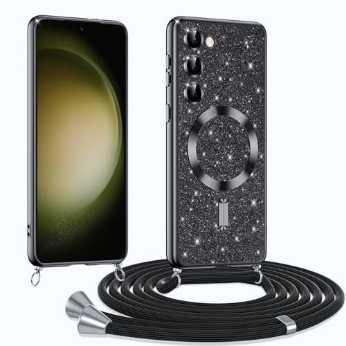Phoona Coque pour Samsung Galaxy S23 5G avec Cordon, Etui à Paillettes Compatible avec MagSafe, Antichoc Protection Coque pour Magnétique avec Réglable Collier, Noir