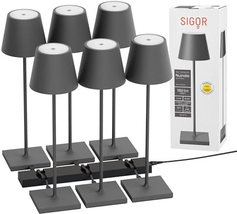 SIGOR Nuindie 2.0 Akku-Tischlampe, 6er-Set mit Ladestation, graphitgrau | Dimmbar • Indoor & Outdoor • IP54 • 38 cm • USB-C • 12 h Leuchtdauer • inkl. 6-fach Ladestation