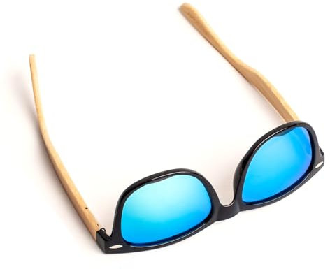 WoWMarkt Klassische Bambus Sonnenbrille — polarisierte, verspiegelte Gläser, UV-400-Schutz, Unisex für Herren und Damen, Retro Holz-Bügeln Sonnenbrillen mit Etui für stilvolle Träger (Blau)