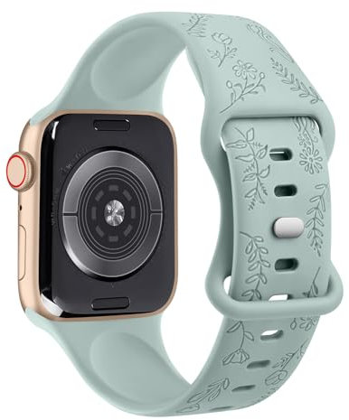 YLK Gravés Fleurs Bracelet Compatible avec Apple Watch 38mm 40mm 41mm 42mm 44mm 45mm 46mm 49mm Femme, Souple Silicone Bracelet de Remplacement avec iWatch Series 10 9 8 7 6 5 4 3 SE SE2 Ultra Ultra 2