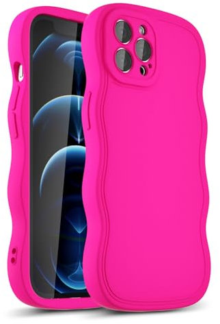 LoeoeL Girly Case for iPhone 12 Pro Max Silicone, Wavy 12 Pro Max Phone Case for Women, Curly Wave Cute Y2k Ripple Aesthetic Design, Slim Soft Rubber Jelly Camera Protection Case, Neon Hot Pink