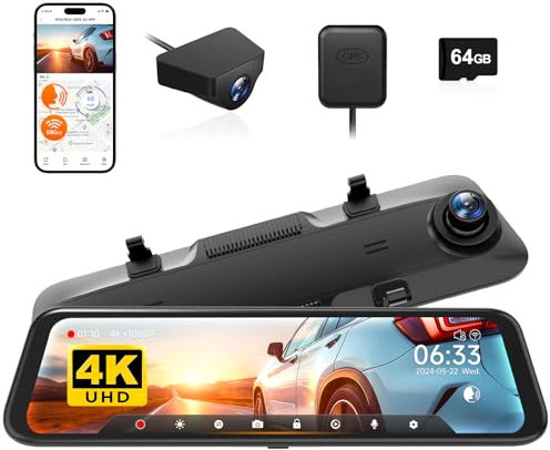 WOLFBOX G850 12 4K Rear View Mirror Dash Cam Front and Rear with 5.8GHz WiFi and Voice Control, Smart Mirror Camera with 1080P Reversing Rear Camera, WDR, Night Vision, Includes 64GB Card & GPS