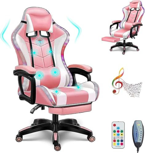RKUVPAE Bluetooth Gaming Chair with Speakers,Comfortable LED Light Massage Ergonomic Video Chair with Footrest PC Chairs for Office Chair Gaming with Headrest and Lumbar Pillow(Color:Pink)
