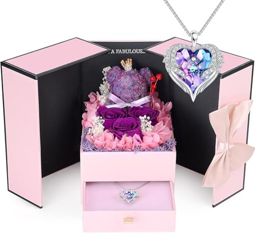 ELEUTH Rosa Eterna per Lei,Confezione Regalo per la Festa della Mamma,San Valentino,Compleanno,Anniversario,Fiori di Rosa Veri con Collana e Orsetto Rosa Regalo per Mamma,Fidanzata,Moglie