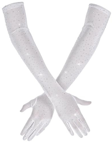 Yolev White Gloves Wedding Dress Long Rhinestone Bride Gloves Sparkly Glitter Fashion Opera Glove for Wedding Party Halloween Costumes Accessories