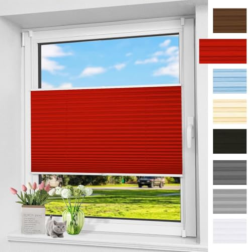 Plissee Ohne Bohren Verdunkelung 50 x 200 cm Sonnenschutz, Lichtdurchlässig Blickdichtes Falt-Rollo mit Klemmträger Easyfix für Fenster & Tür, Rot