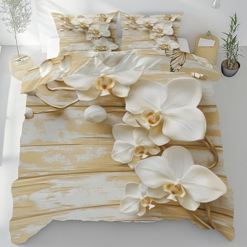 Tyafsgvqo Vintage Orchidee Bettwäsche 135x200 3 Teilig, Aesthetic Blumenmotiv Bettbezug Weich & Atmungsaktiv, Rustic Holz Textur Bettwäsche Set, Wendebettwäsche mit 2 Kissenbezug 80x80