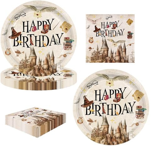 AINIUNIU Decoration Anniversaire Wizard Vaisselle de fete, 40 Pièces HP Decoration Anniversaire Fete Wizard, Harry Magicien Happy Birthday Papier Assiettes Serviettesr (20 invités, 7 pouces)
