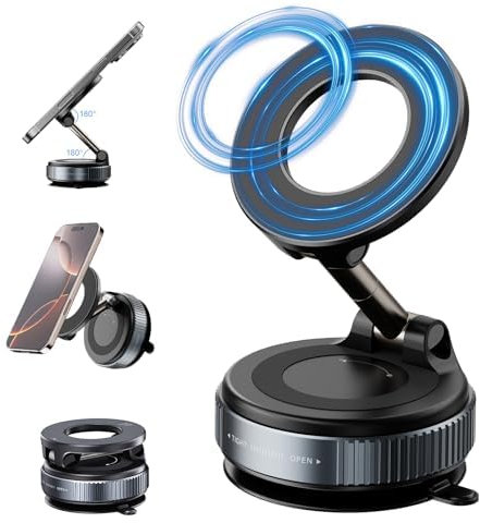 Eastcoo Vacuum Suction Magnetic Phone Holder für Auto mit 360 Grad Rotation, Handsfree Phone Mount für Glatte Oberfläche, faltbar und einziehbar Telefonhalterung, Schwarz