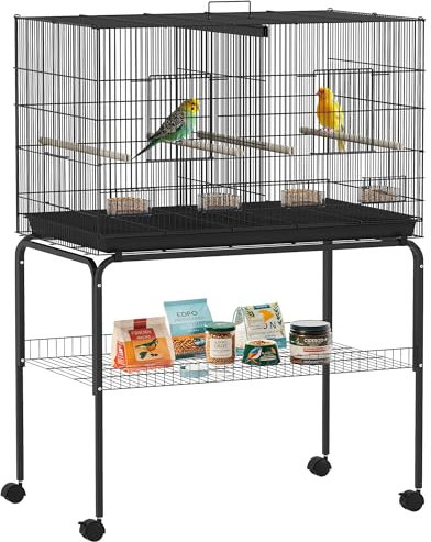PawHut Vogelkäfig mit Trennwand, Käfig mit Rädern für Haustiere, Vögel, Papageien, Kanarienvogel, mit Futterstangen, Sitzstangen und abnehmbarem Tablett, 94 x 57 x 128 cm, Schwarz