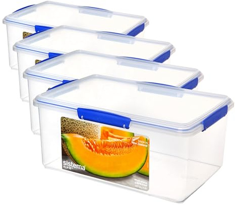 Sistema KLIP IT Food Storage Container | 9.6 L | Stackable & Airtight Fridge/Freezer Food Box with Lid | BPA-Free Plastic | Blue Clips | 1 Count (Pack of 4)