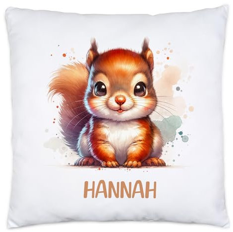 Kissen mit Eichhörnchen für Kinder mit Namen Personalisiert | Kinderkissen mit Wunschname Kuschelkissen Eichhörnchen-Motiv | Geschenk Mädchen Junge | Kinderzimmer Deko Dekokissen 40x40cm inkl. Füllung