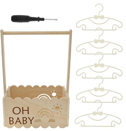Baby Geschenk Korb mit Griff 34x23x17,5 cm, Babykorb mit 5x Kleiderbügel, Babykisten Holz Glatt Gratfrei Einfach Montieren für Babyparty Geburtstagsfeier