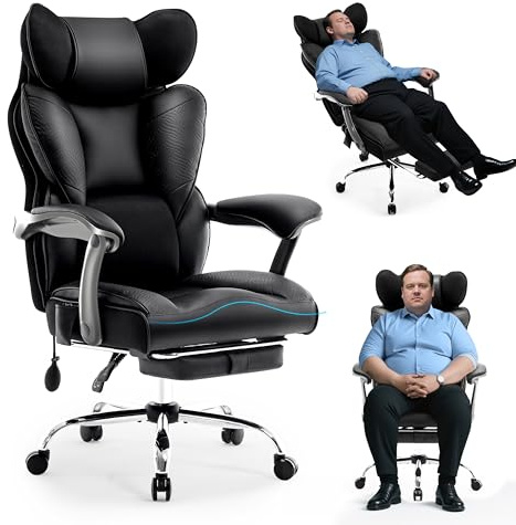 Fizzin Schwarz Ergonomischer PU-Computerstuhl mit ausziehbarer Fußstütze und aufblasbarer Lendenwirbelstütze - 155° breiter Chefsessel für Gaming, Büro & Konferenz