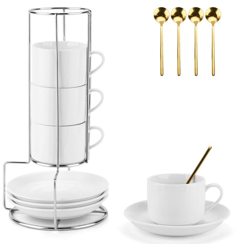ZUSUZU Lot de 4 Tasse a Cafe, 4 x 5oz(160ml) Tasses Expresso Set avec Soucoupes et Support en Métal, Tasse à Café pour Espresso, Latte, Moka, Americano en Thé(avec 4 Cuillère à Café)