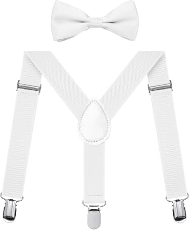 FACATH Ensemble de bretelles et de nœud papillon pour garçons, bretelles pour enfants en forme de Y élastique, réglable avec clips et nœud papillon pour garçons et filles, Blanc., S