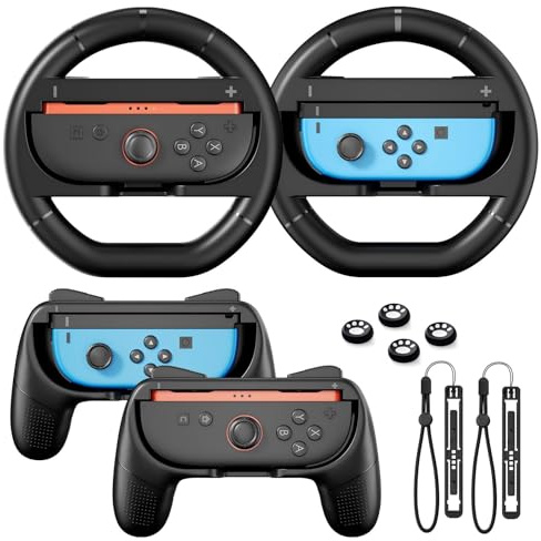 Switch 2 Accessories Bundle For Nintendo Switch 2/Switch1/OLED Joycons, Steering Wheel For Mario Kart World/8 Deluxe, Controller Grip With Ergonomic Design, Anti-Slip Thumb Grip Joy-Stick Caps