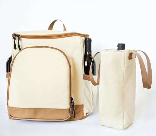Handté Insulated Wine Cooler Backpack – Canvas & Vegan Leather Picnic Bag for up to 4 Bottles, Food, & Snacks | TSA Approved Removable Wine Bag, Cooler Compartment & Travel Strap